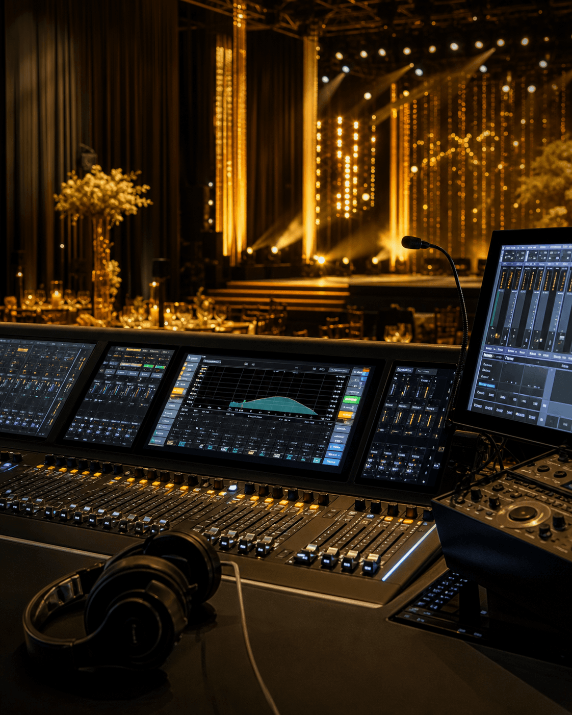 Sound engineer profesional mengoperasikan perangkat audio acara