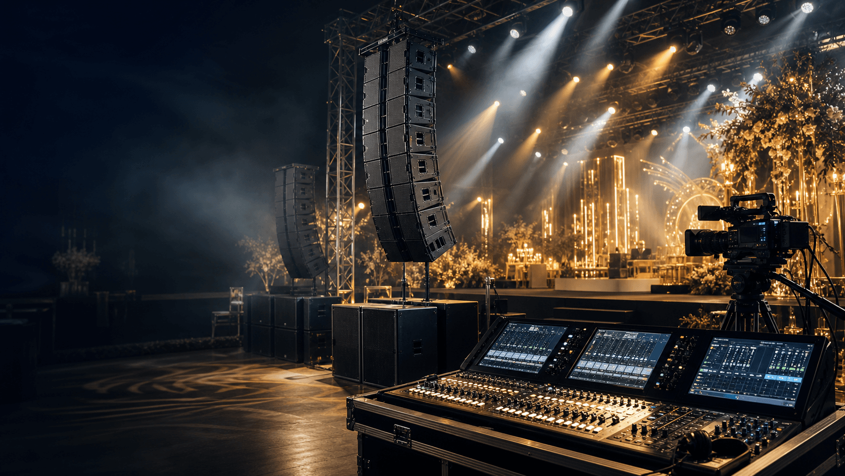 Produksi acara dengan sound system, lighting panggung, mixer audio, dan kamera live streaming